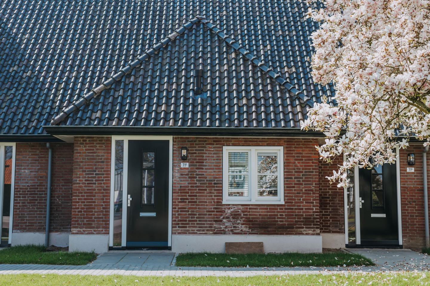 Voordeur van woning met bloeiende boom op voorgrond
